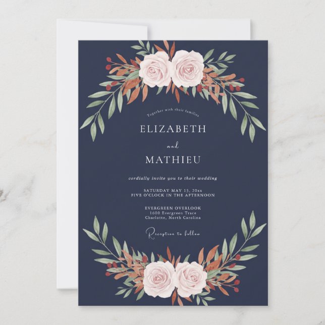 Convites Casamento com Flor de Ferrugem Azul Marinho (Frente)