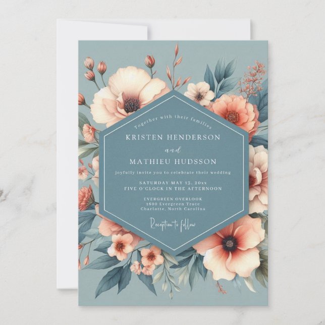 Convites Casamento com Flor de Herança Azul Empoeirada (Frente)