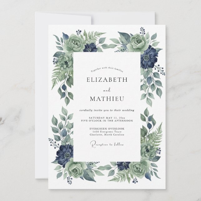 Convites Casamento com Flor de Índigo Aço (Frente)