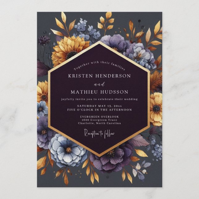 Convites Casamento com Flor de Índigo Dourado (Frente)
