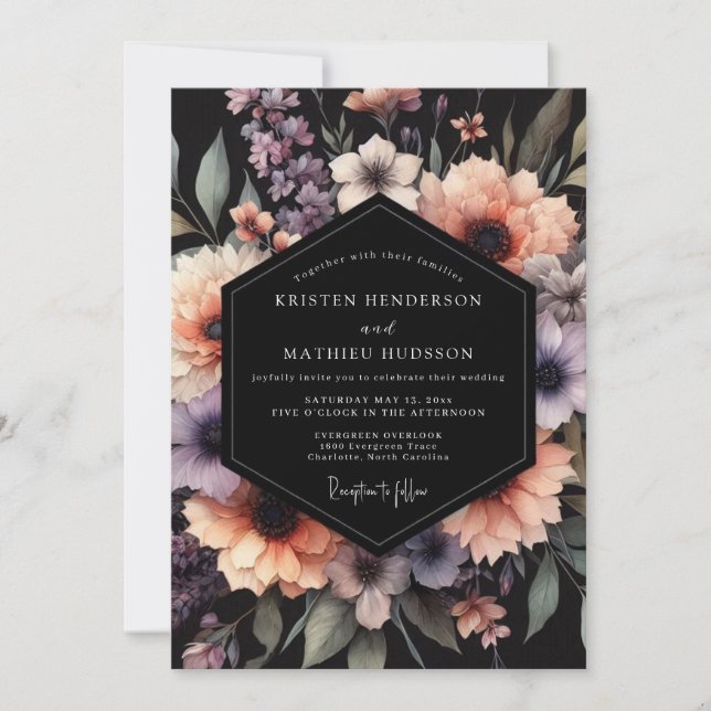 Convites Casamento com Flor de Lavanda e Pêssego Sombreado (Frente)