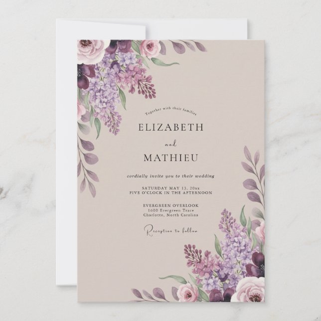 Convites Casamento com Flor de Lilás Desbotado (Frente)
