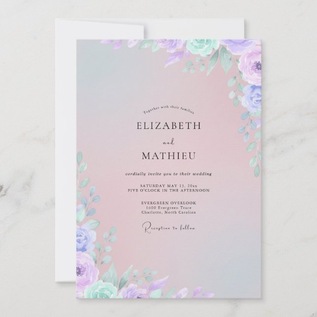 Convites Casamento com Flor de Lilás Desbotado em Aquarela (Frente)