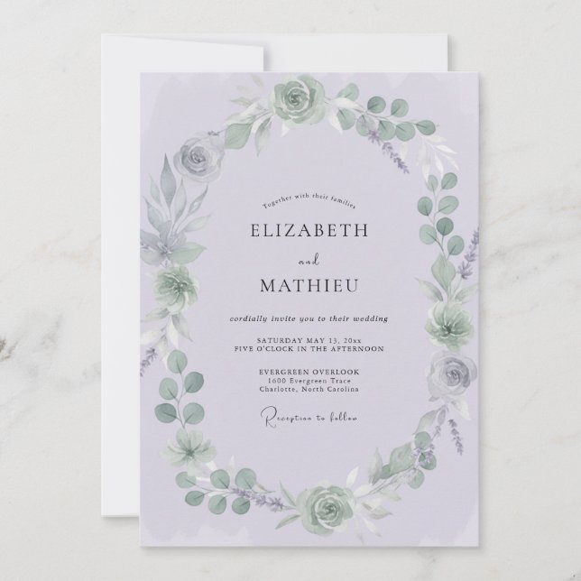 Convites Casamento com Flor de Lilás Pálido e Empoeirado (Frente)
