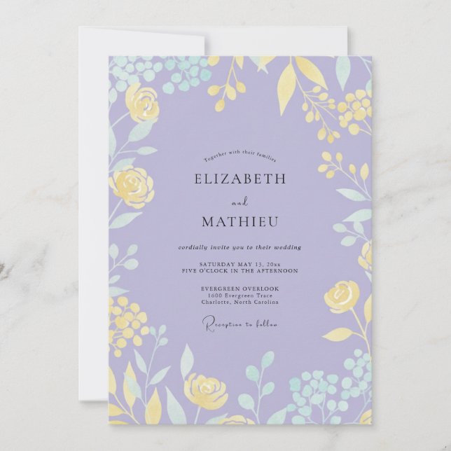 Convites Casamento com Flor de Lilás Suave Amarelo (Frente)