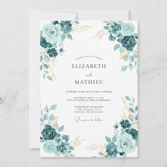 Convites Casamento com Flor de Luxo Turquesa (Frente)