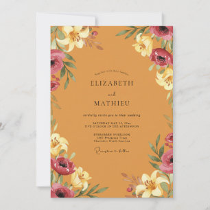 Convites Casamento com Flor de Magenta Ócre Botânico