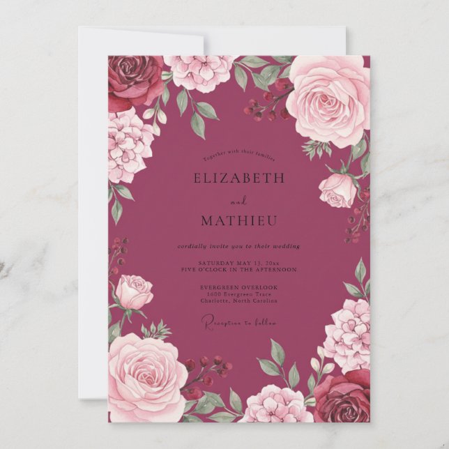 Convites Casamento com Flor de Magenta Profundo (Frente)