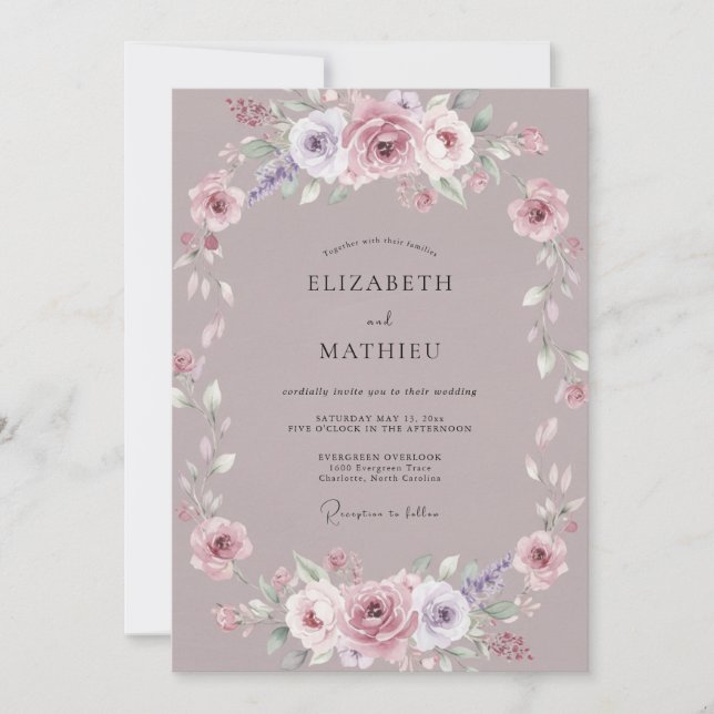 Convites Casamento com Flor de Malva Empoeirada (Frente)