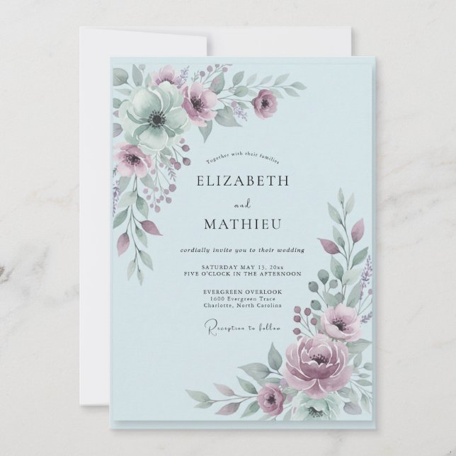 Convites Casamento com Flor de Mauve em Pó (Frente)