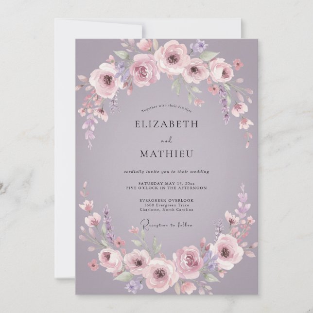 Convites Casamento com Flor de Mauve Empoeirado (Frente)