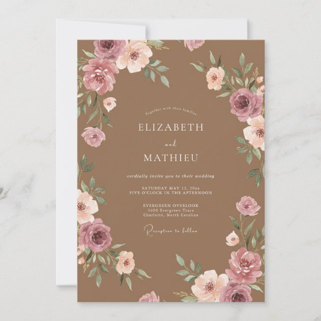 Convites Casamento com Flor de Mauve Suave em Taupe (Frente)