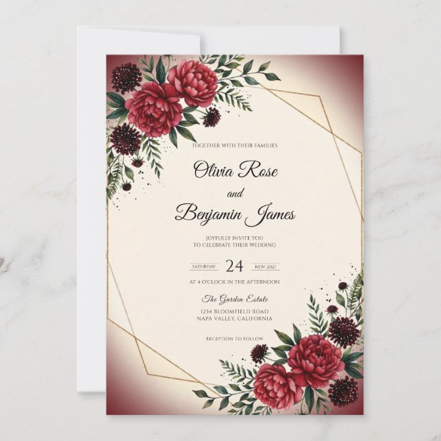 Convites Casamento com Flor de Ouro Carmesim (Frente)