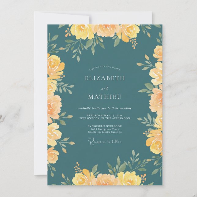Convites Casamento com Flor de Ouro Verde-azulado Suave (Frente)