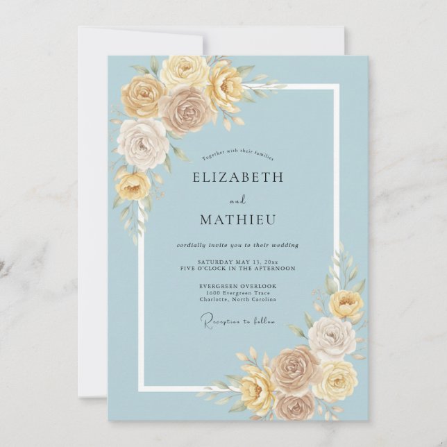 Convites Casamento com Flor de Pastoral Azul Empoeirado (Frente)