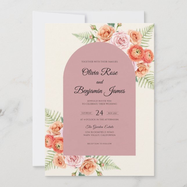 Convites Casamento com Flor de Pêssego Malva (Frente)