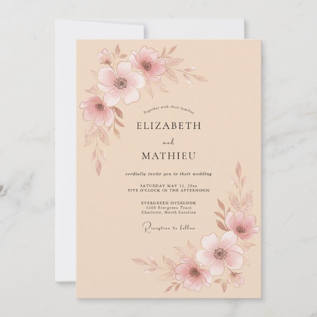 Convites Casamento com Flor de Pêssego Suave (Frente)