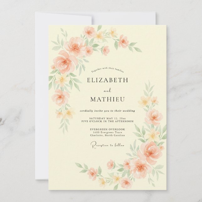 Convites Casamento com Flor de Pintura de Pêssego (Frente)