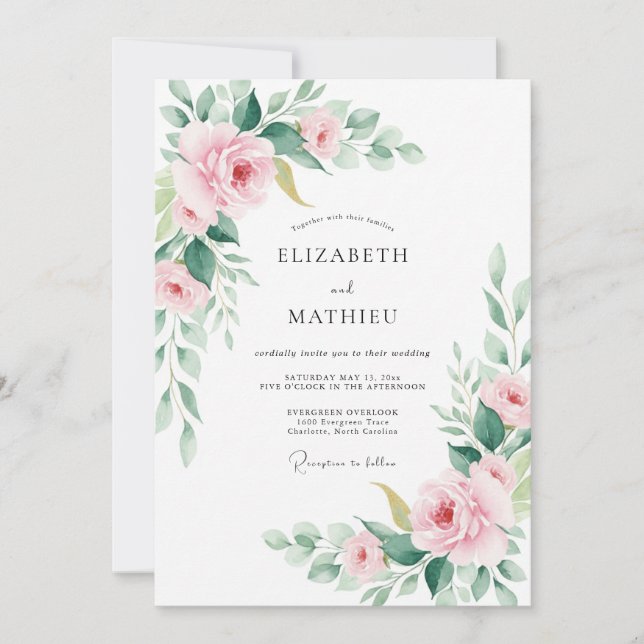 Convites Casamento com Flor de Pintura Rosada (Frente)