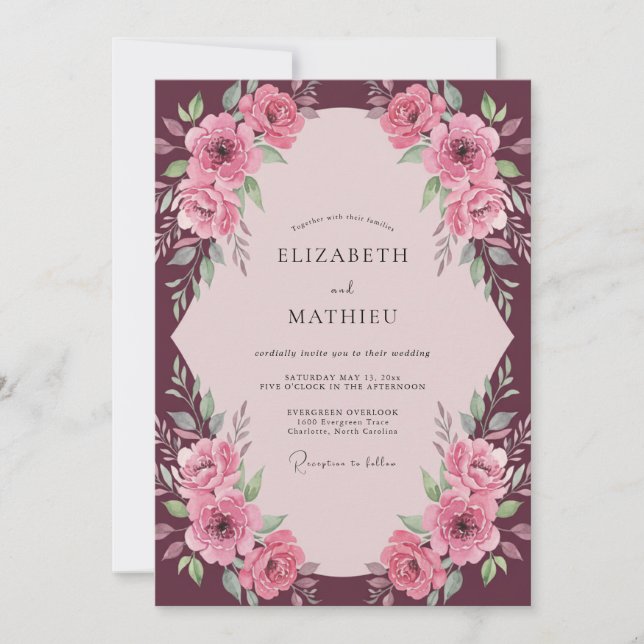 Convites Casamento com Flor de Pó Rosa Ameixa (Frente)