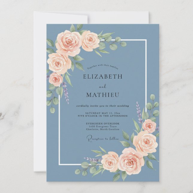 Convites Casamento com Flor de Romance Azul Empoeirado (Frente)