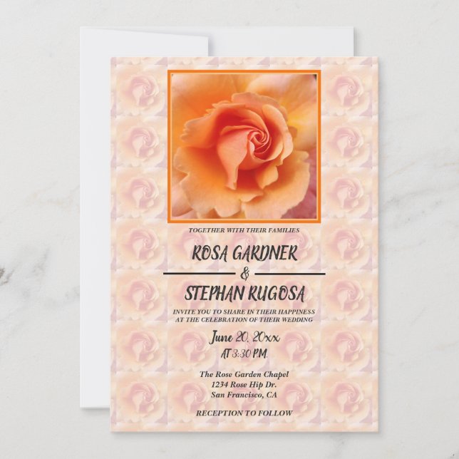 Convites Casamento com Flor de Rosa de Pêssego Apricot (Frente)