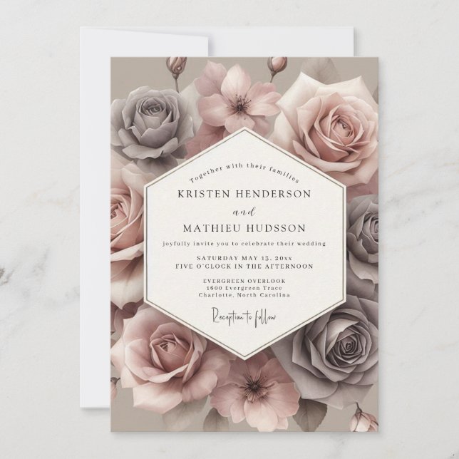 Convites Casamento com Flor de Rosa Empoeirada Silenciada (Frente)