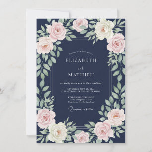 Convites Casamento com Flor de Rosa Pálido Azul-Marinho