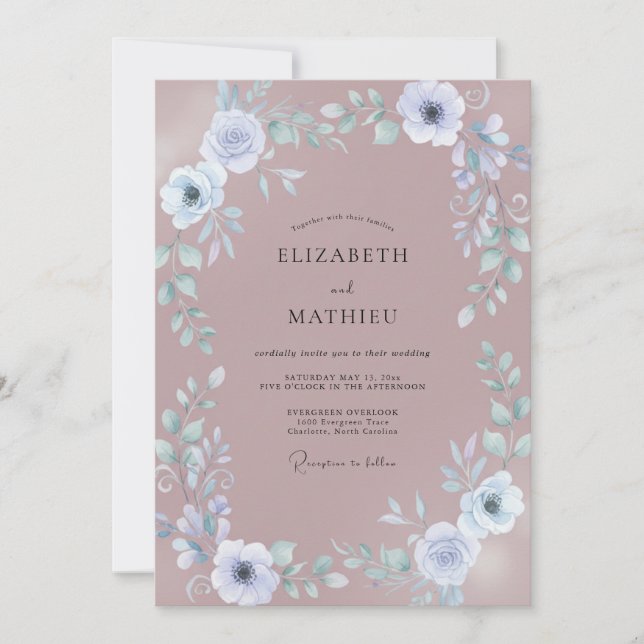 Convites Casamento com Flor de Rosa Suave Empoeirada (Frente)