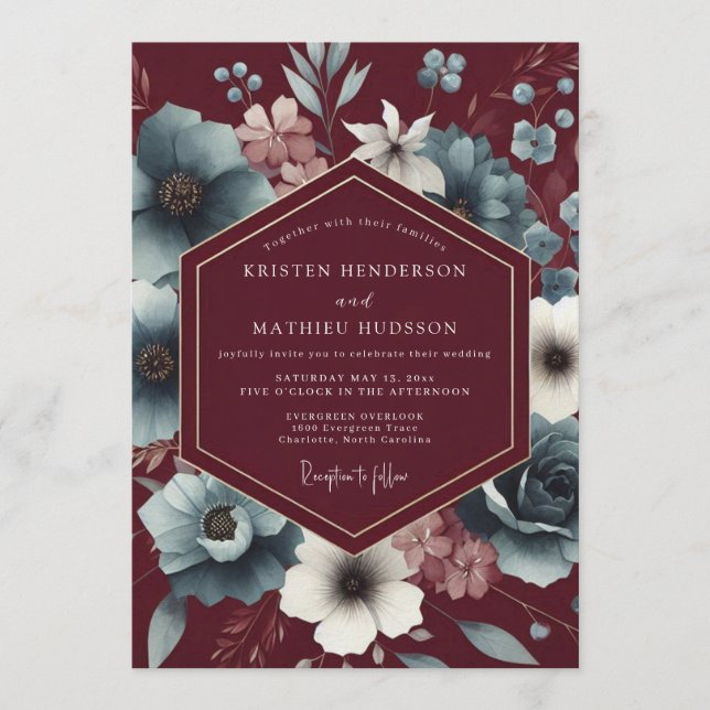 Convites Casamento com Flor de Sombre Slate Marrom (Frente)