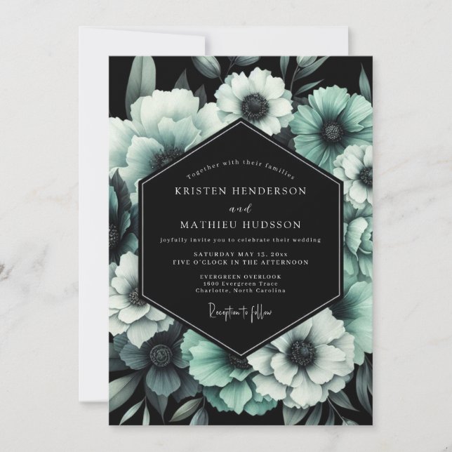 Convites Casamento com Flor de Teal Sombrio (Frente)