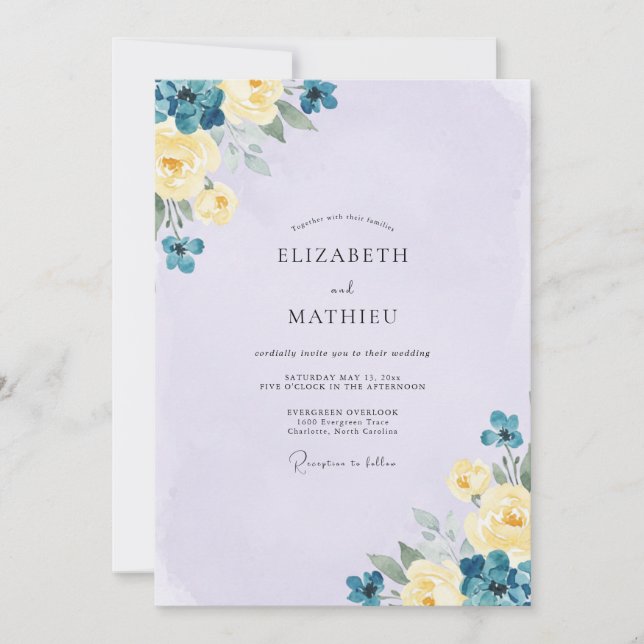Convites Casamento com Flor de Tília Azul-Pervinca (Frente)