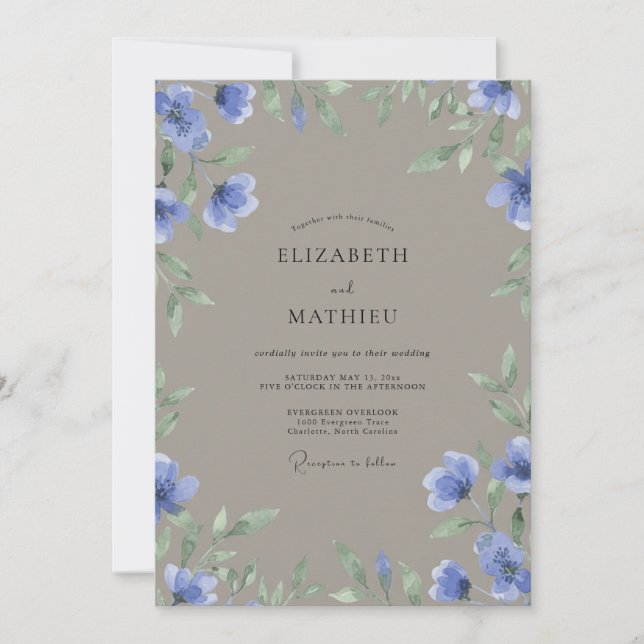 Convites Casamento com Flor de Tonalidade Bege e Periwinkle (Frente)