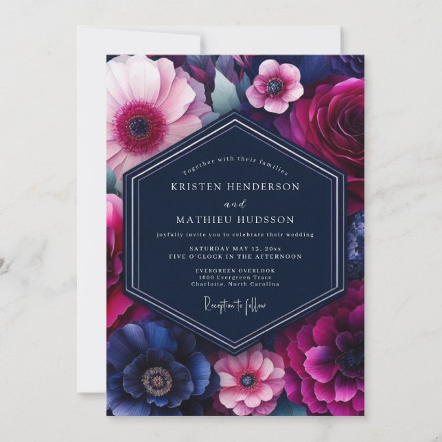 Convites Casamento com Flor de Tons Joia Fúcsia (Frente)