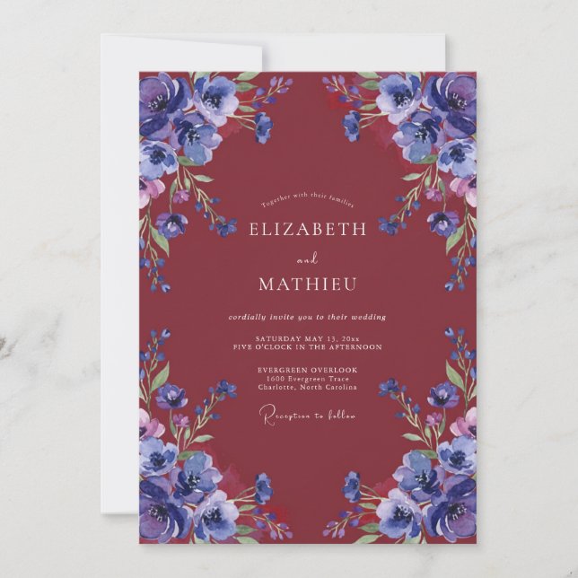 Convites Casamento com Flor de Violeta Carmesim (Frente)