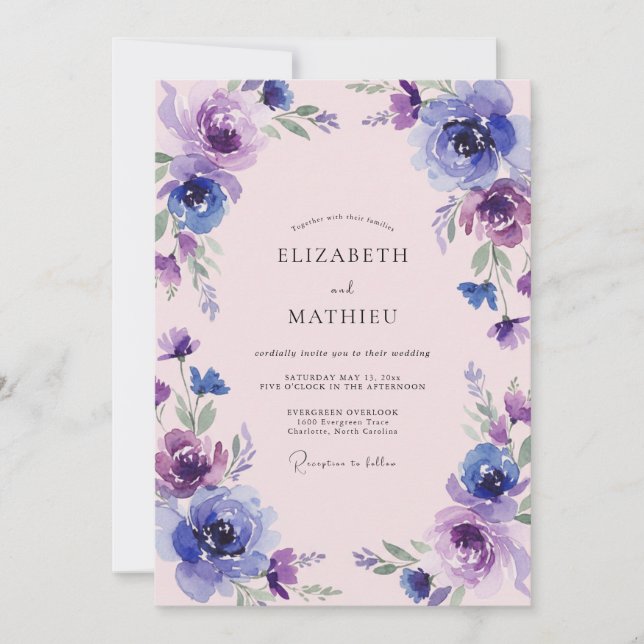 Convites Casamento com Flor de Violeta Índigo (Frente)