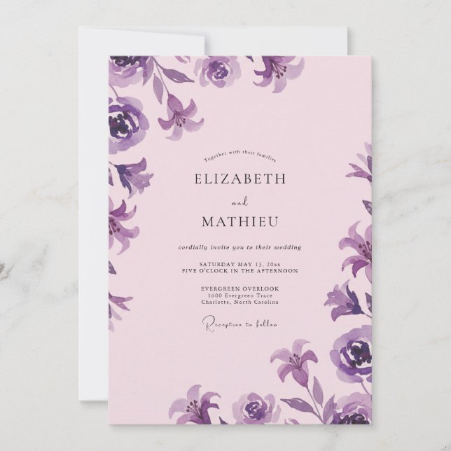 Convites Casamento com Flor de Violeta Lavanda Suave (Frente)