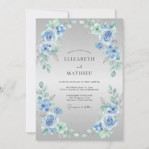 Convites Casamento com Flor Desabrochada Azul Desbotado Del