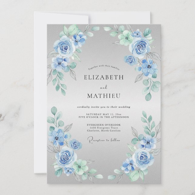 Convites Casamento com Flor Desabrochada Azul Desbotado Del (Frente)