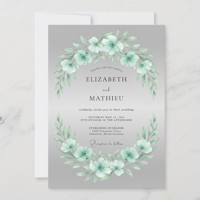 Convites Casamento com Flor Desabrochada Verde Menta Delica (Frente)