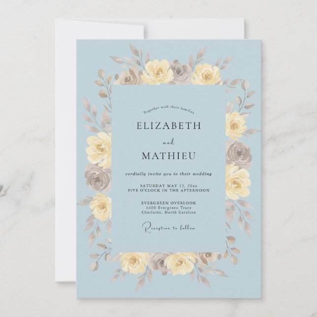 Convites Casamento com Flor Desenhada em Azul Empoeirado (Frente)