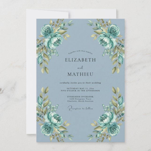 Convites Casamento com Flor Gentil Azul Empoeirado (Frente)