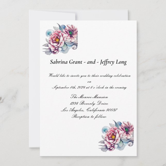 Convites Casamento com Flor Rosa Brilhante (Frente)