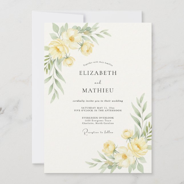 Convites Casamento com Flor Silvestre Amarela Pastel (Frente)