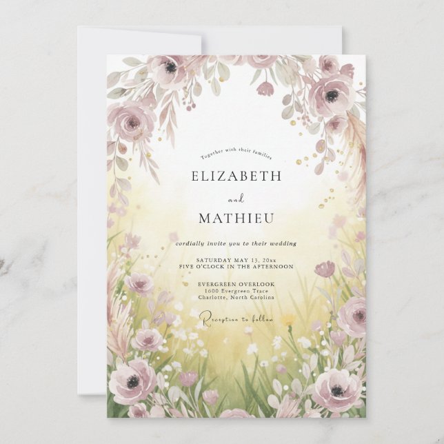 Convites Casamento com Flor Silvestre Amarela Suave (Frente)