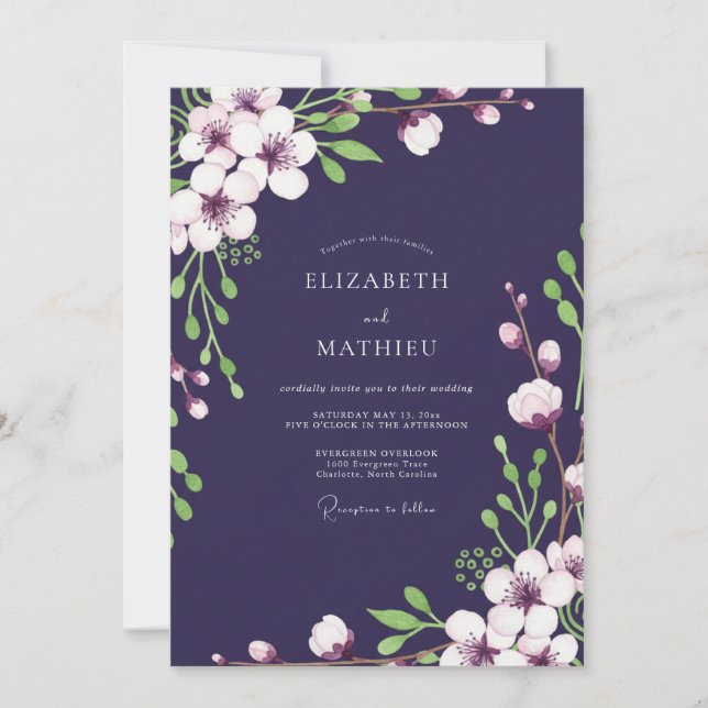 Convites Casamento com Flor Silvestre Ameixa Escura (Frente)