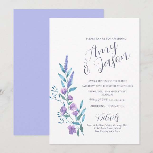 Convites Casamento com Flor Silvestre Aquarela Lavanda Suav (Frente/Verso)