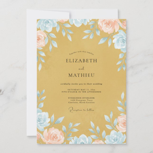 Convites Casamento com Flor Silvestre Aquática Mostarda (Frente)