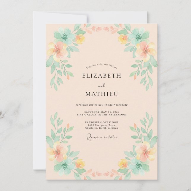 Convites Casamento com Flor Silvestre Aquática Pêssego (Frente)