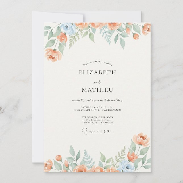 Convites Casamento com Flor Silvestre Azul Apricot (Frente)
